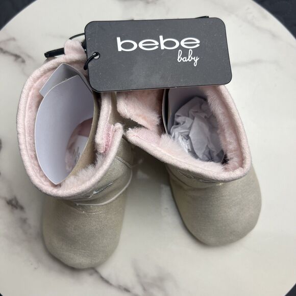 Bebe Baby Gold Glitter w/Pink Bows Sherpa Lined Baby Booties Shoes SZ 3 (6-9M) - Picture 3 of 8